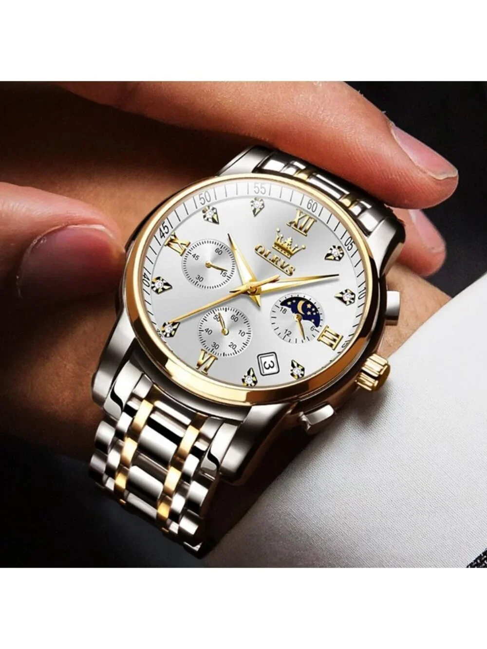 Men's Silver Analog Quartz Stainless Waterproof Diamond Luminous Classic Watch